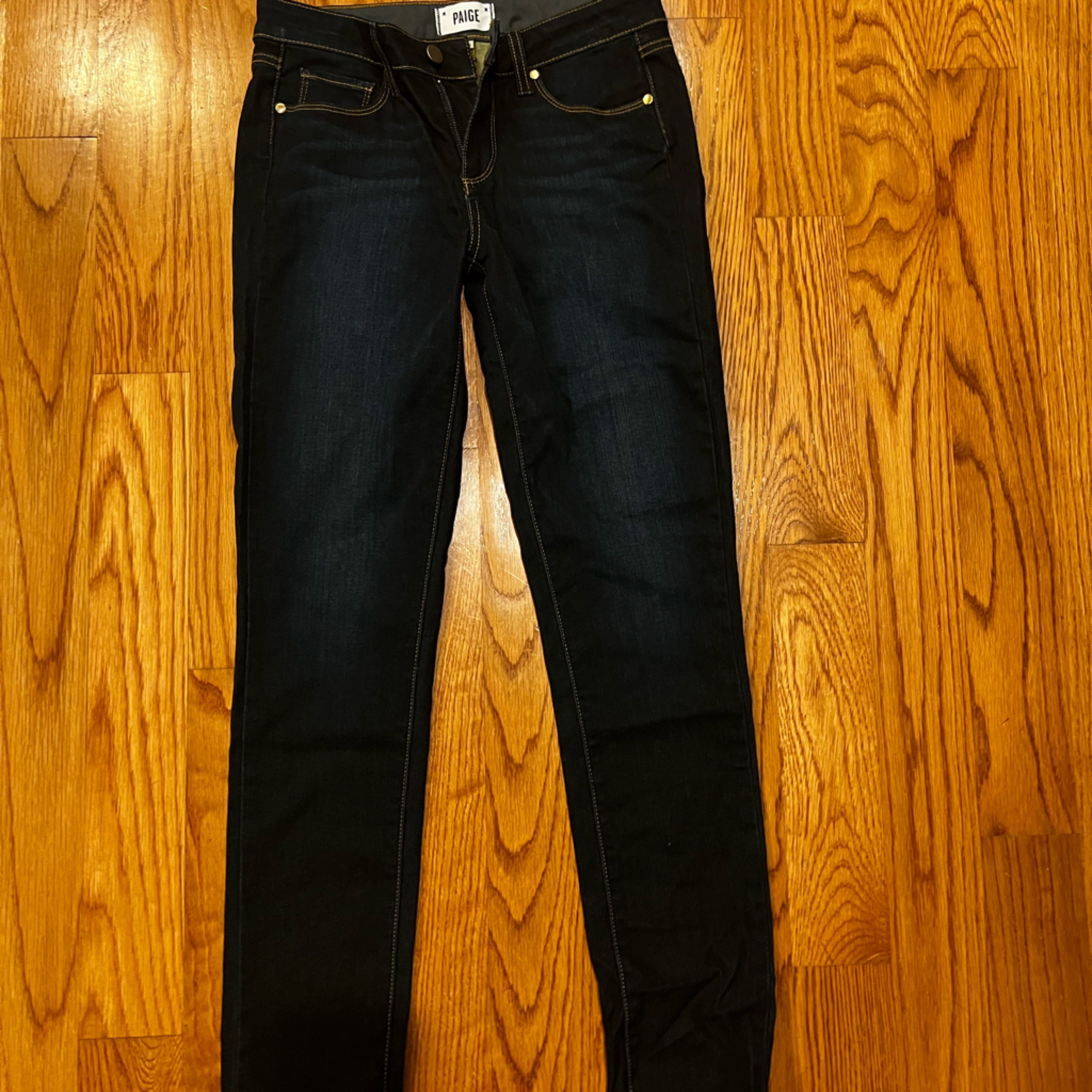 Paige Indigo Denim Jeans With Gold Stitching